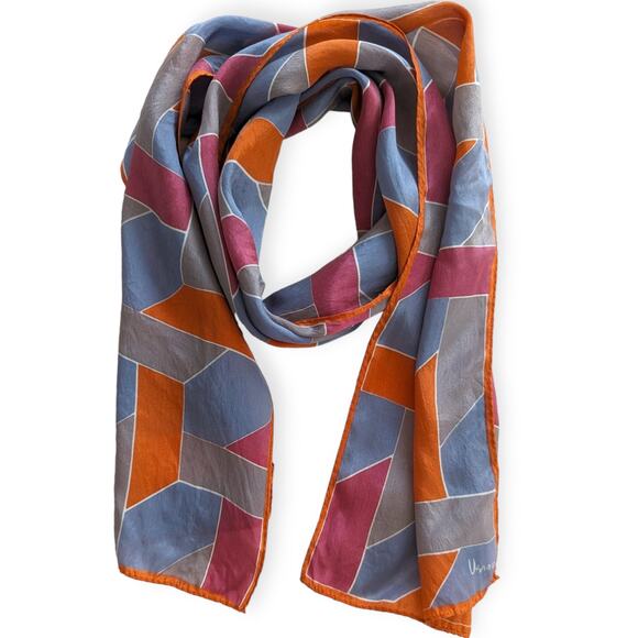 70s Silk Vera Neumann Geometric Oblong Scarf ~ gray orange magenta - Picture 2 of 4